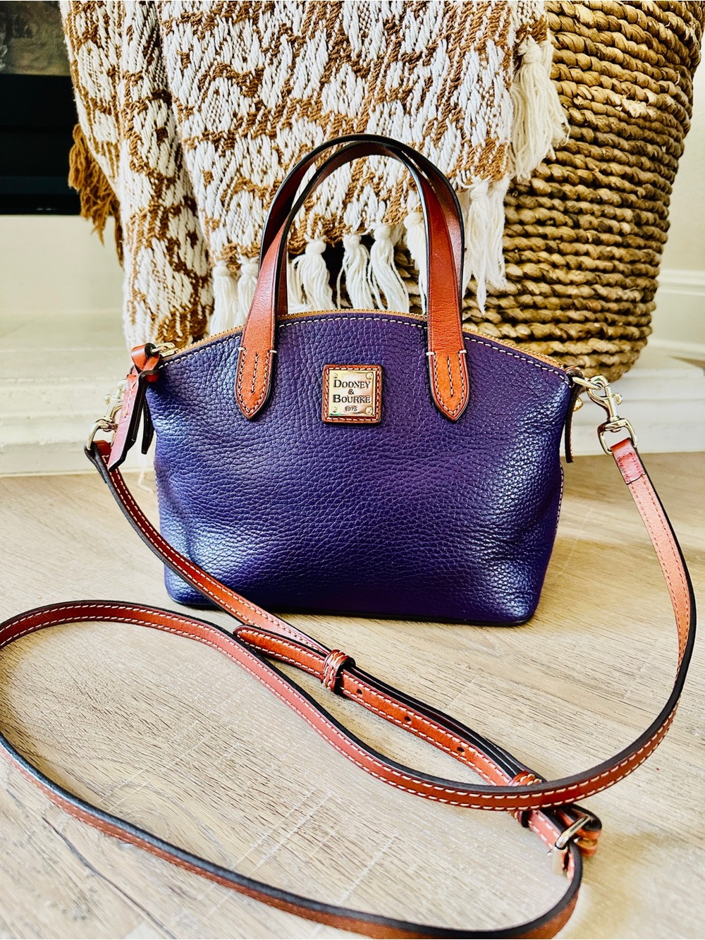 Dooney & Bourke Purple Pebbled Leather Mini Crossbody Zip Satchel w/brown trim